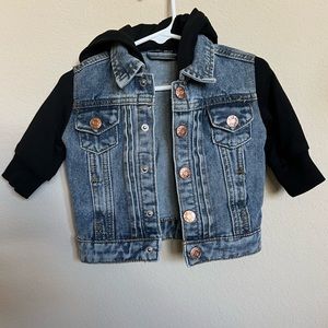 Little Bipsy Denim Jacket with Black Sleeves/Hood, 3-6M